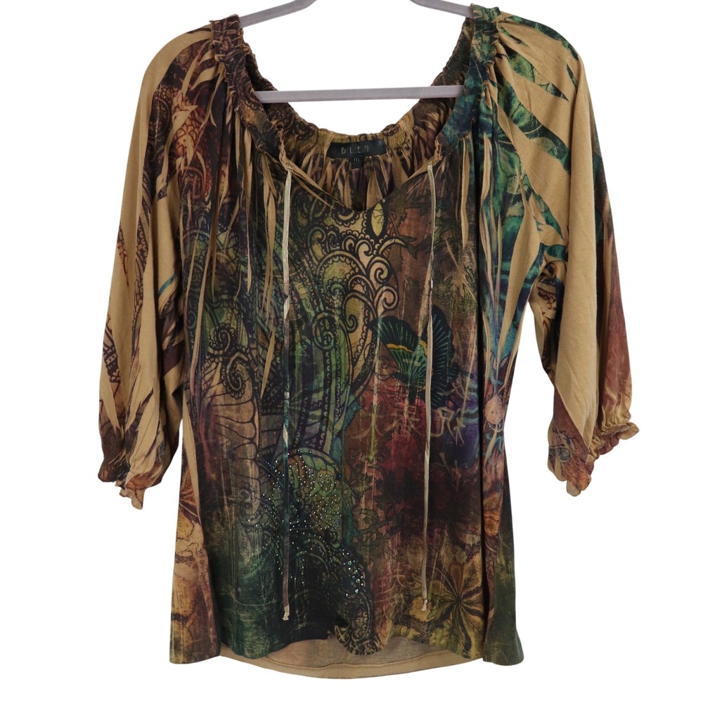 B.L.E.U. Graphic Blouse 3/4 Sleeve Rhinestone Boho Fairycore Flowy Womens Sz M